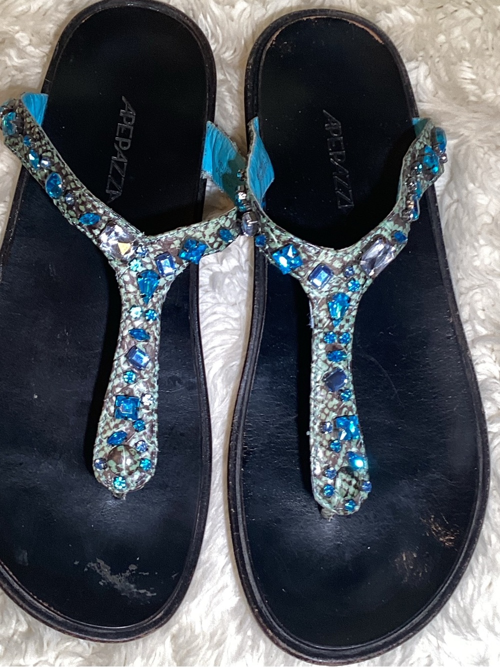Apepazza Women's rhinestone Embellished Blue T-Strap Sandals size 9